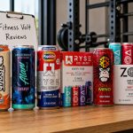 Ready-to-drink pre-workout cans arranged on a gym counter