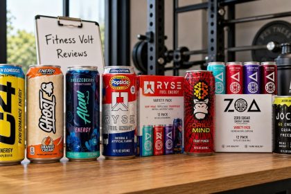 Ready-to-drink pre-workout cans arranged on a gym counter