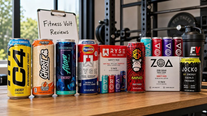 Ready-to-drink pre-workout cans arranged on a gym counter