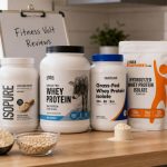 Unflavored protein powder tubs and bags arranged in a kitchen gym setting
