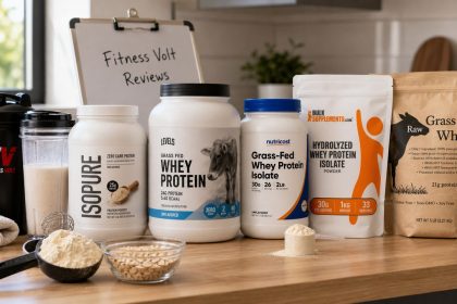 Unflavored protein powder tubs and bags arranged in a kitchen gym setting
