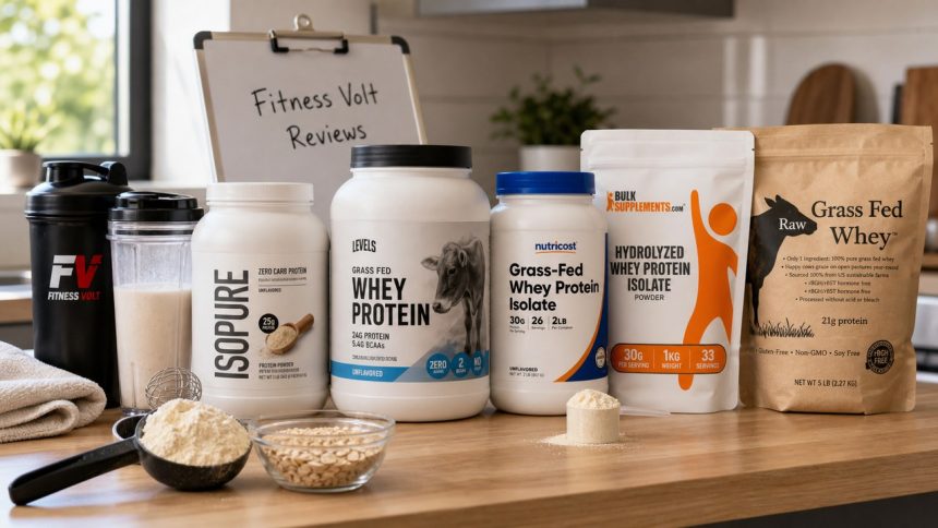 Unflavored protein powder tubs and bags arranged in a kitchen gym setting