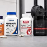 Alpha-GPC supplement bottles on a gym counter