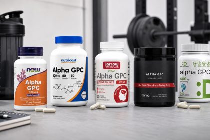 Alpha-GPC supplement bottles on a gym counter