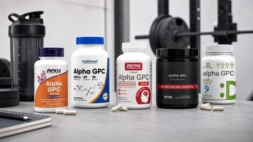 Alpha-GPC supplement bottles on a gym counter