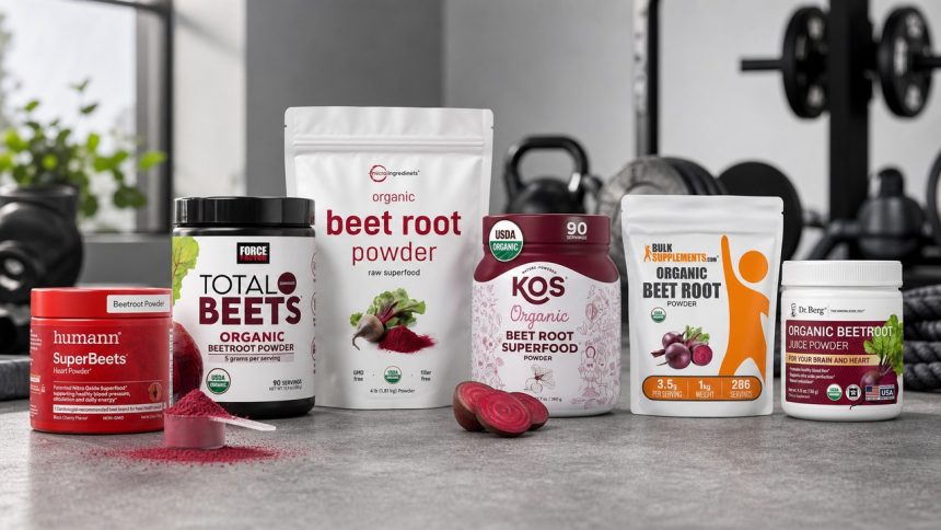 Beet root powder tubs on a gym counter