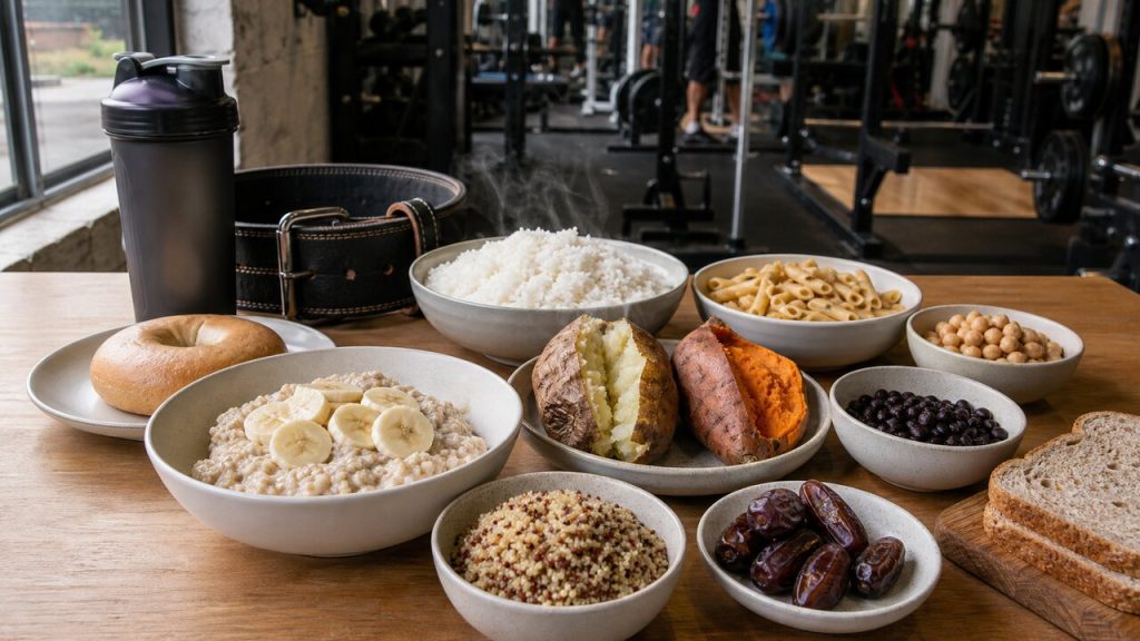 Carbohydrate foods arranged beside strength-training equipment