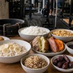 Carbohydrate foods arranged beside strength-training equipment