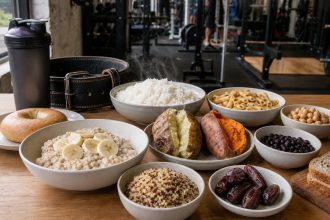 Carbohydrate foods arranged beside strength-training equipment