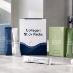 Collagen stick pack supplement boxes and sachets in a fitness kitchen setting