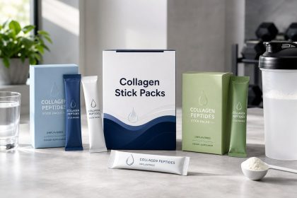 Collagen stick pack supplement boxes and sachets in a fitness kitchen setting