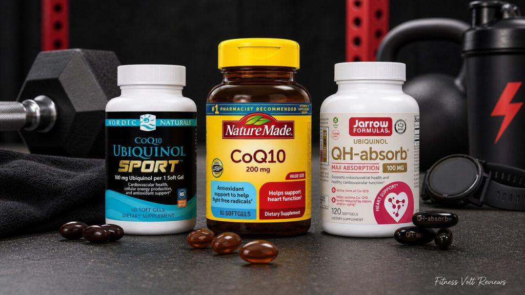 CoQ10 supplement bottles and softgels arranged for comparison