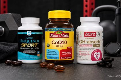 CoQ10 supplement bottles and softgels arranged for comparison