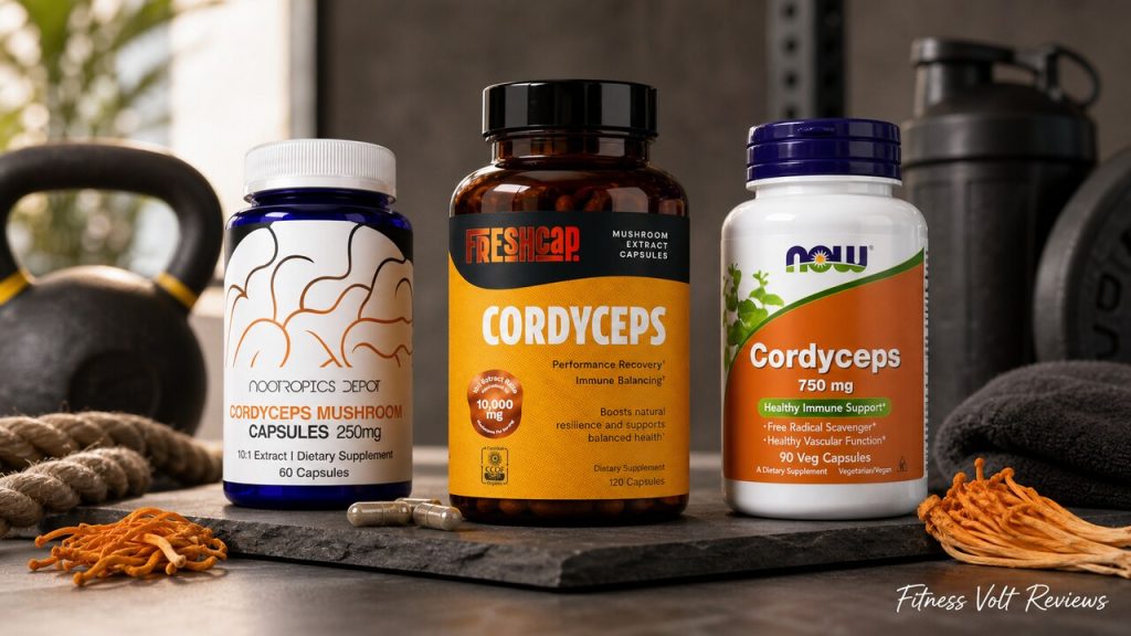 Cordyceps supplement bottles and dried mushrooms arranged for comparison