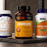 Cordyceps supplement bottles and dried mushrooms arranged for comparison
