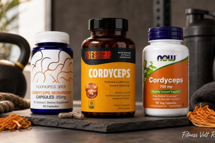 Cordyceps supplement bottles and dried mushrooms arranged for comparison