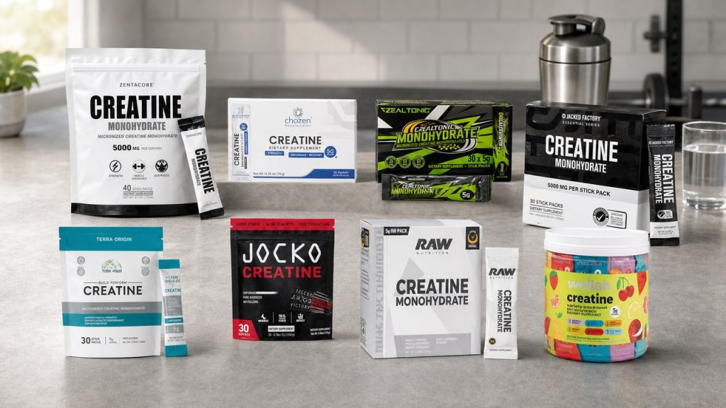Single-serve creatine stick packs arranged beside a gym bag and water bottle
