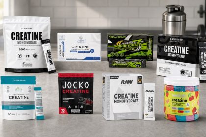 Single-serve creatine stick packs arranged beside a gym bag and water bottle
