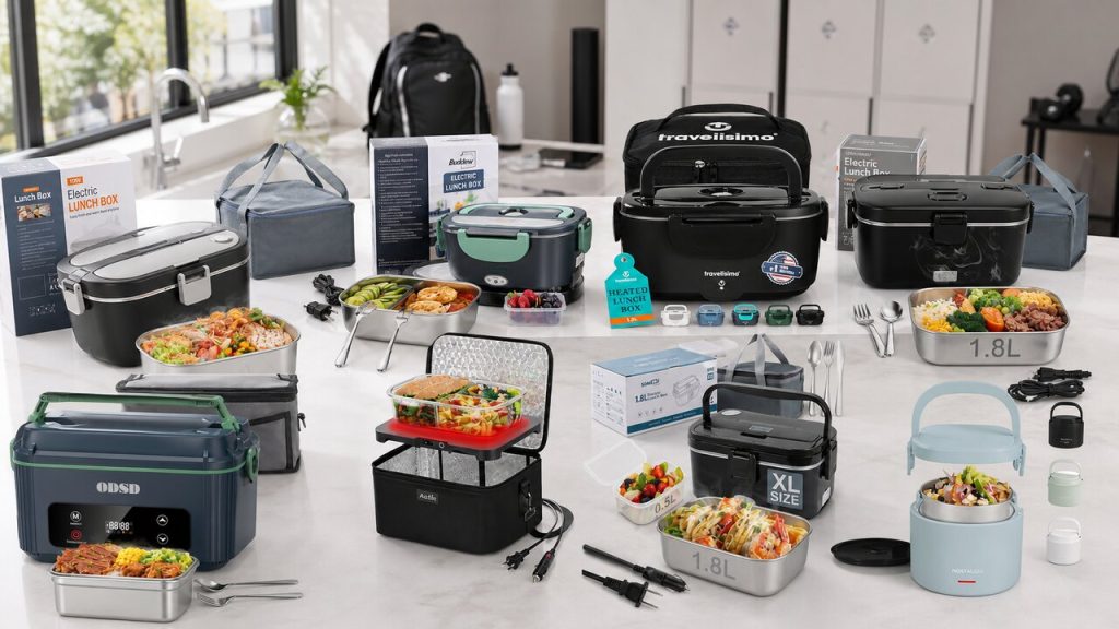 Packed meal container beside a portable electric food warmer and work bag