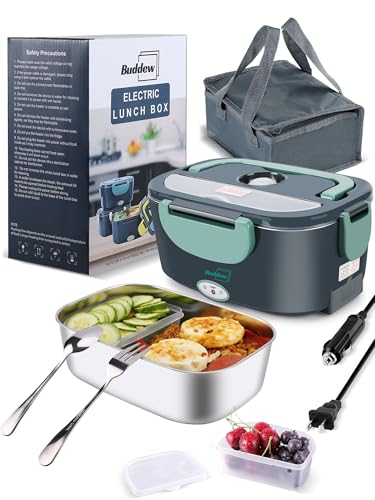 Buddew Electric Heated Lunch Box, 100W Fast Heating, 1.5L Food-Grade 304 Stainless Steel, 12V/24V/110V Portable Food Warmer for Car Truck Office Adults, Lonchera Electrica Portatil (Green)