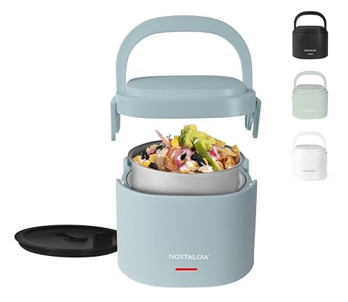 Nostalgia Portable 20-Ounce Electric Heated Lunch Box – Travel Size 2.5 Cup Capacity for Soup, Chili, and Leftovers – Leak Proof Silicone Sealed Lid, Foldable Carry Handle, Detachable Cord – Chambray