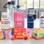 Electrolyte gummies and sports chews beside a water bottle and running shoes