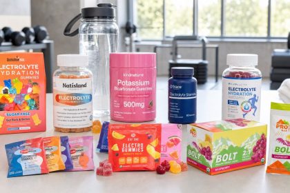 Electrolyte gummies and sports chews beside a water bottle and running shoes