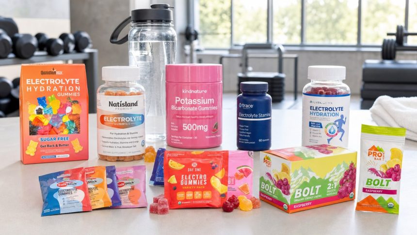 Electrolyte gummies and sports chews beside a water bottle and running shoes