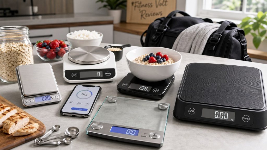Digital food scales arranged with macro-tracking meal prep ingredients for a FitnessVolt review