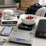 Digital food scales arranged with macro-tracking meal prep ingredients for a FitnessVolt review