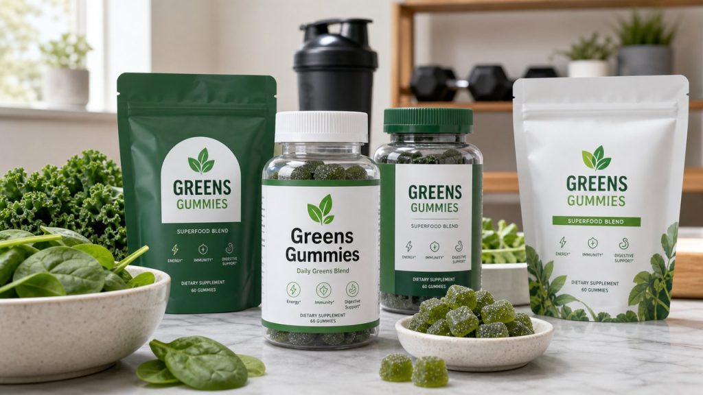 Greens gummy supplement bottles with green gummies and leafy ingredients