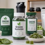 Greens gummy supplement bottles with green gummies and leafy ingredients