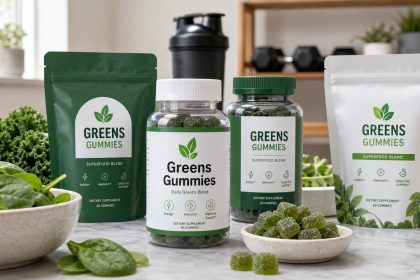 Greens gummy supplement bottles with green gummies and leafy ingredients