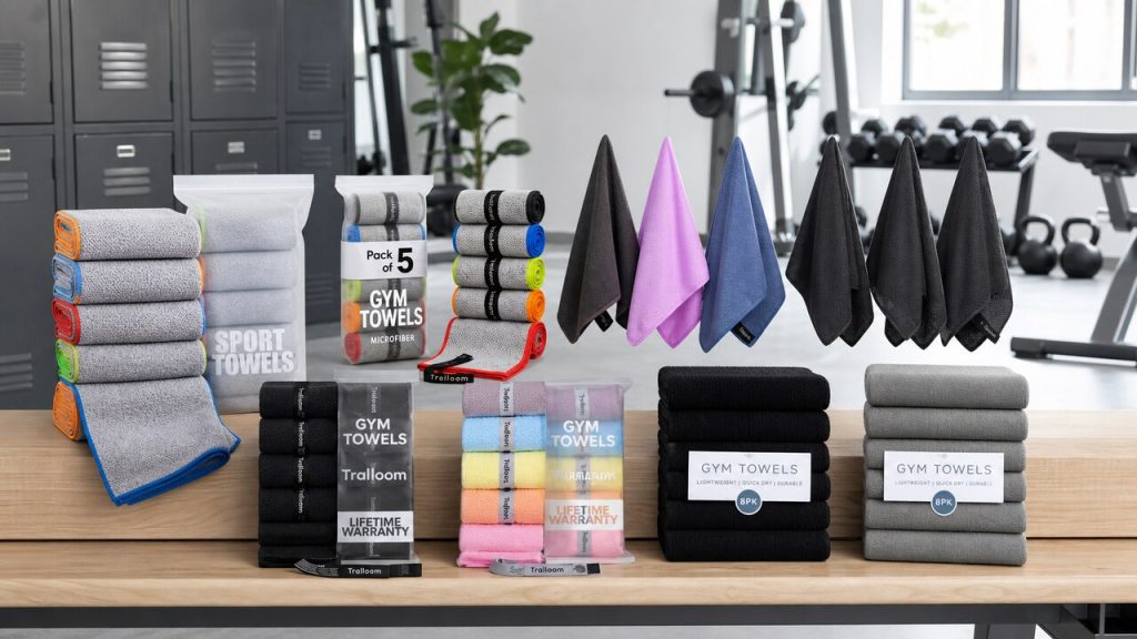 Folded microfiber gym towels beside a water bottle and gym bag