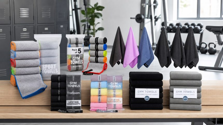 Folded microfiber gym towels beside a water bottle and gym bag