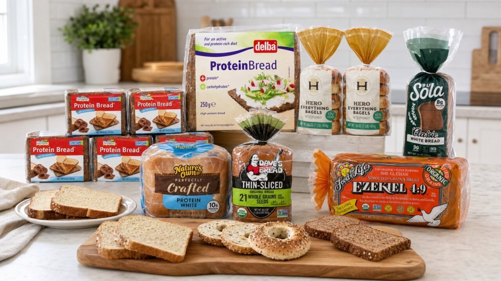 High-protein bread and bagels arranged beside Nutrition Facts labels