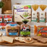 High-protein bread and bagels arranged beside Nutrition Facts labels
