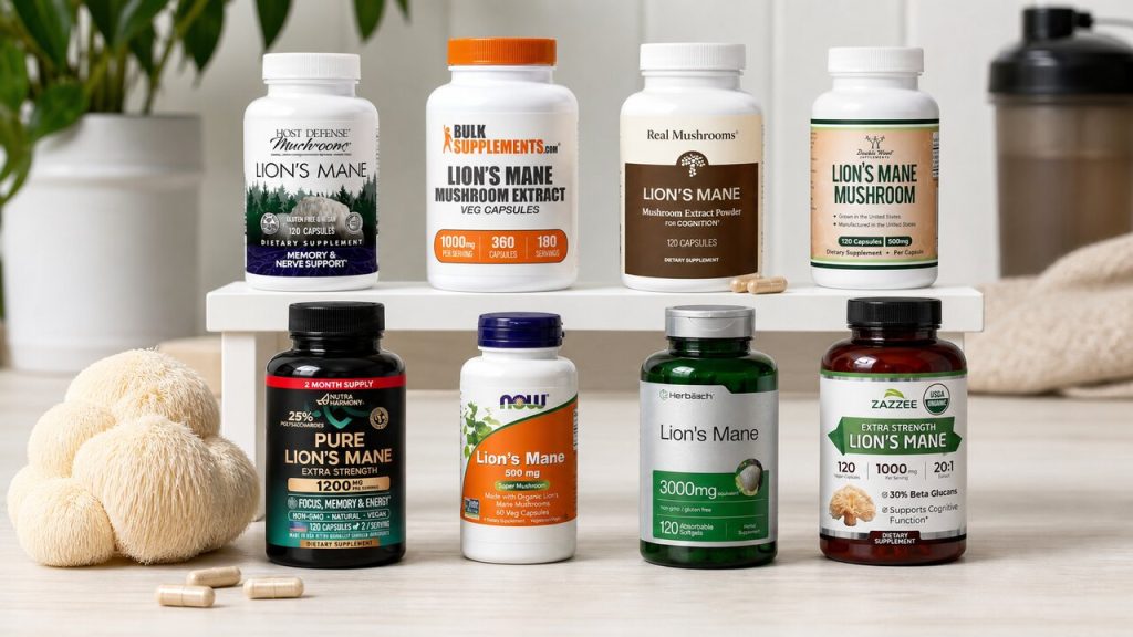 Lion's Mane supplement bottles arranged beside a label-comparison notebook