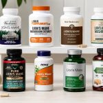Lion's Mane supplement bottles arranged beside a label-comparison notebook