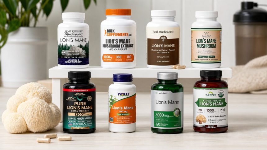 Lion's Mane supplement bottles arranged beside a label-comparison notebook