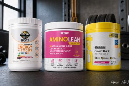 Low-caffeine pre-workout powders arranged in a gym for comparison
