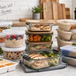 Meal prep containers arranged with high-protein lunches for a FitnessVolt review