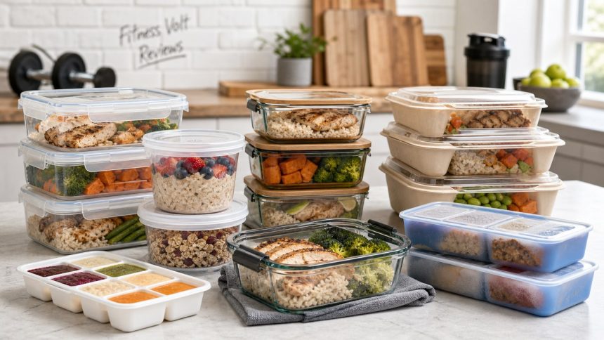 Meal prep containers arranged with high-protein lunches for a FitnessVolt review