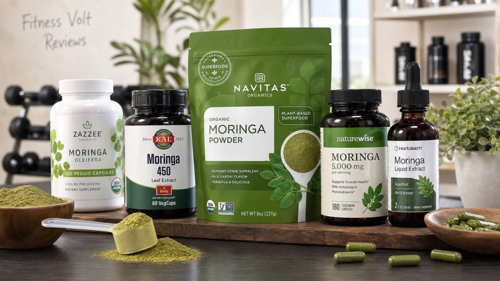 Moringa supplement bottles, powders, and drops arranged for a FitnessVolt review