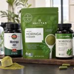Moringa supplement bottles, powders, and drops arranged for a FitnessVolt review