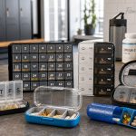 Supplement pill organizers with capsules arranged for a FitnessVolt review