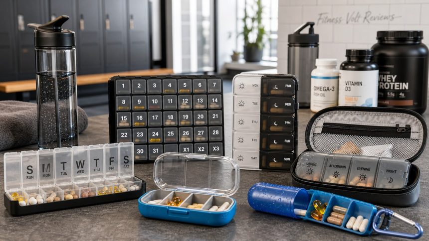 Supplement pill organizers with capsules arranged for a FitnessVolt review