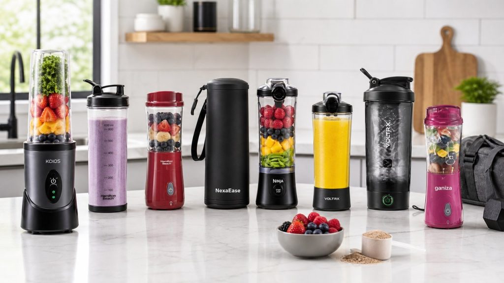 Portable blender beside a protein shake and gym bag