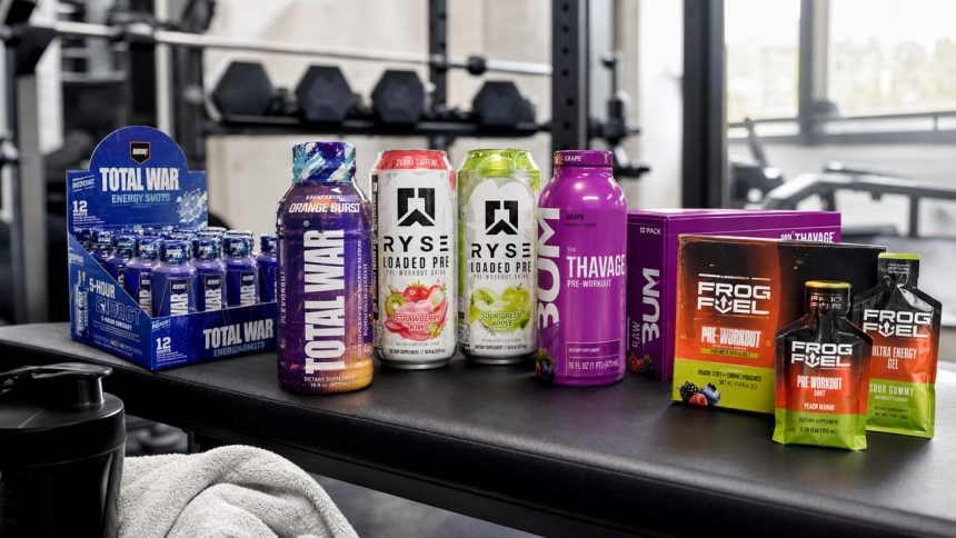Ready-to-drink pre-workout shots and bottles arranged before a gym session