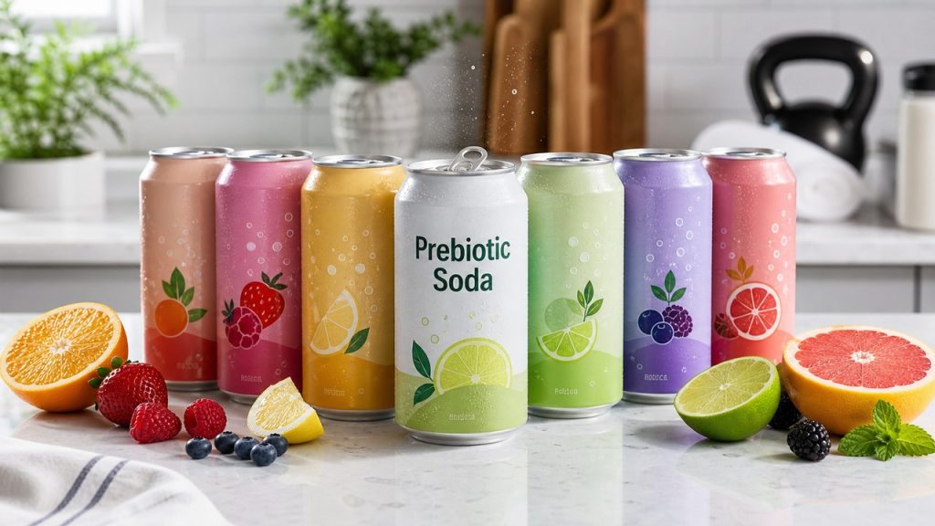 Colorful prebiotic soda cans arranged with fruit in a bright kitchen